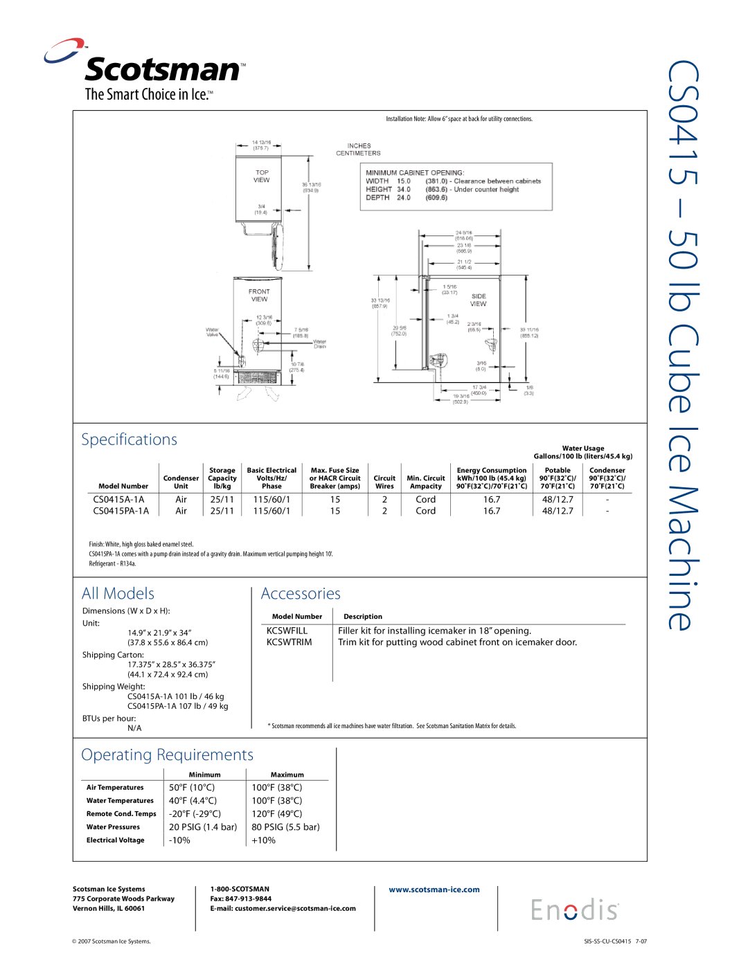 Scotsman Ice CS0415 warranty All Models, Accessories, Operating Requirements 