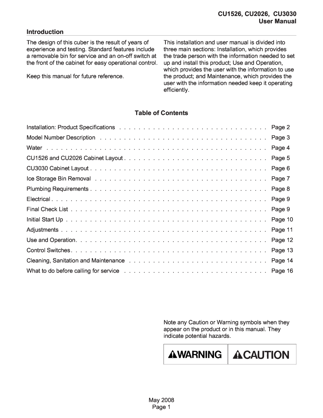 Scotsman Ice CU1526, CU2026 user manual Table of Contents 