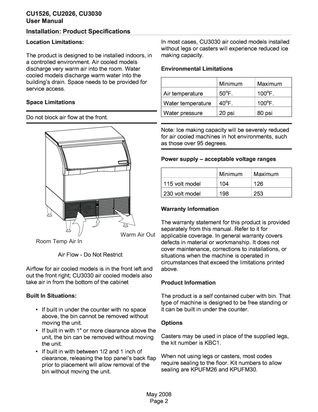 Scotsman Ice CU1526, CU2026, CU3030 User Manual, Installation Product Specifications, Location Limitations, Options 