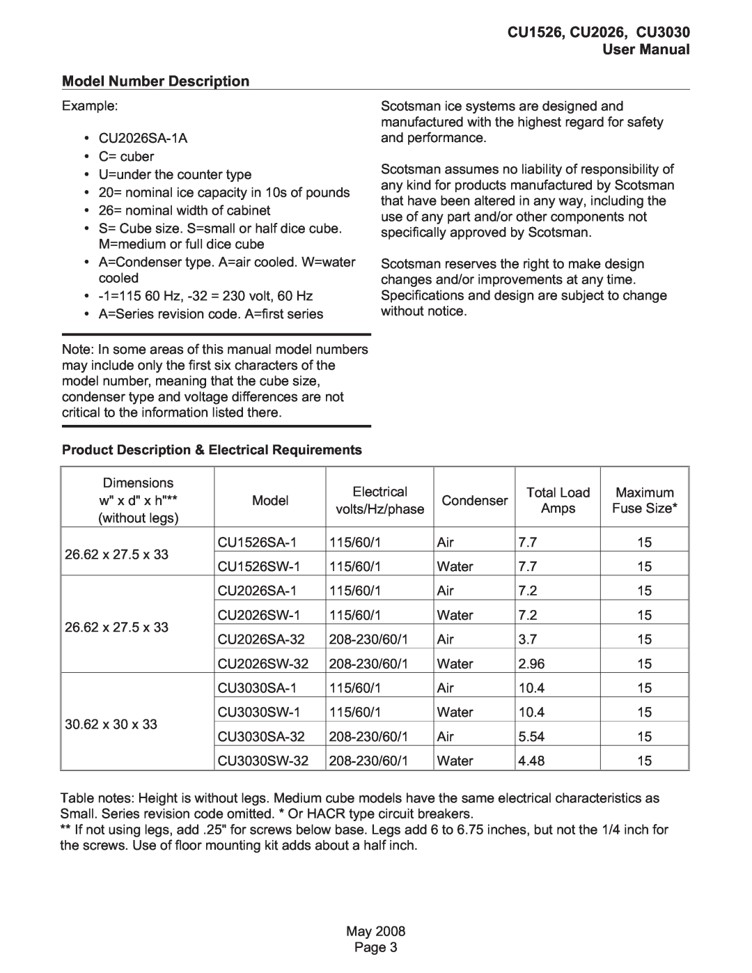 Scotsman Ice CU1526, CU2026 user manual Product Description & Electrical Requirements 
