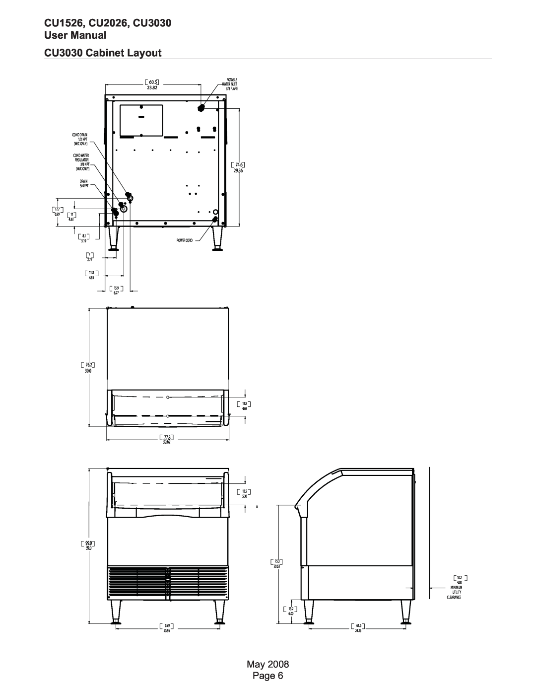 Scotsman Ice user manual CU1526, CU2026, CU3030 User Manual CU3030 Cabinet Layout, 99.0, 60.5, 23.82, 74.6, 29.36, 76.2 