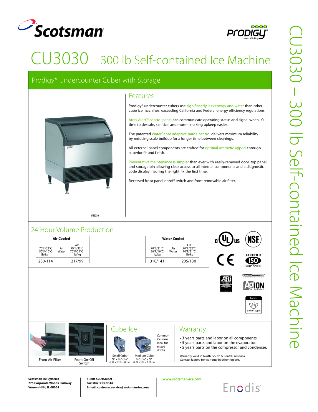 Scotsman Ice CU3030 warranty Features, Hour Volume Production, Cube Ice, Warranty 