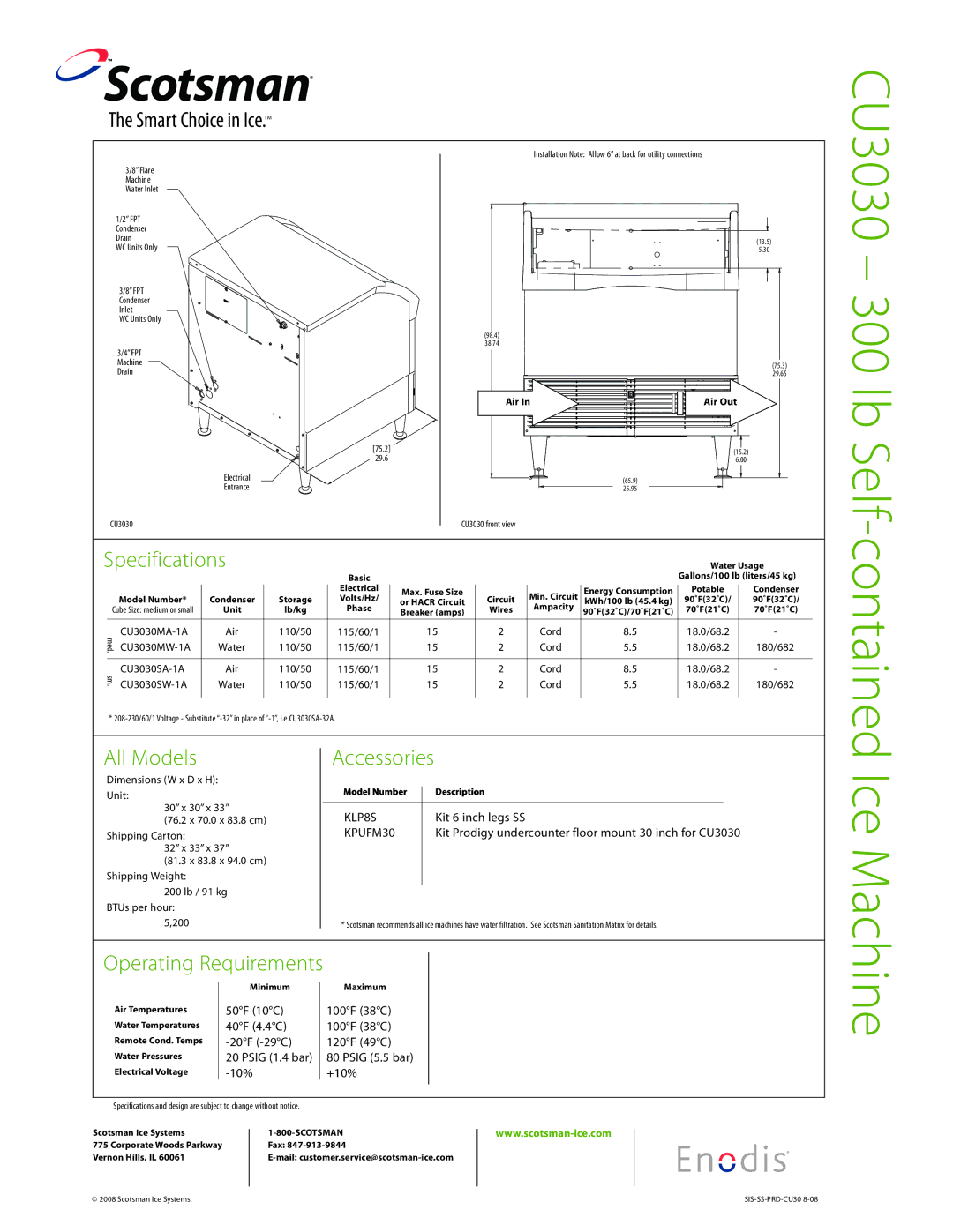 Scotsman Ice CU3030 warranty Specifications, All Models, Accessories 