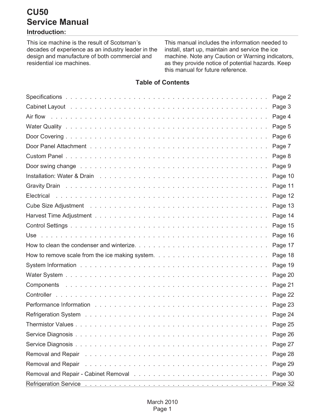 Scotsman Ice CU50 service manual Introduction, Table of Contents 
