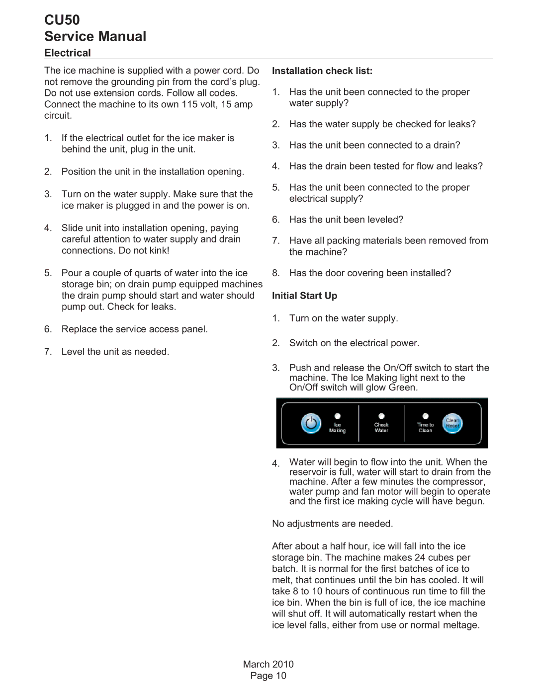 Scotsman Ice CU50 service manual Electrical, Installation check list, Initial Start Up 