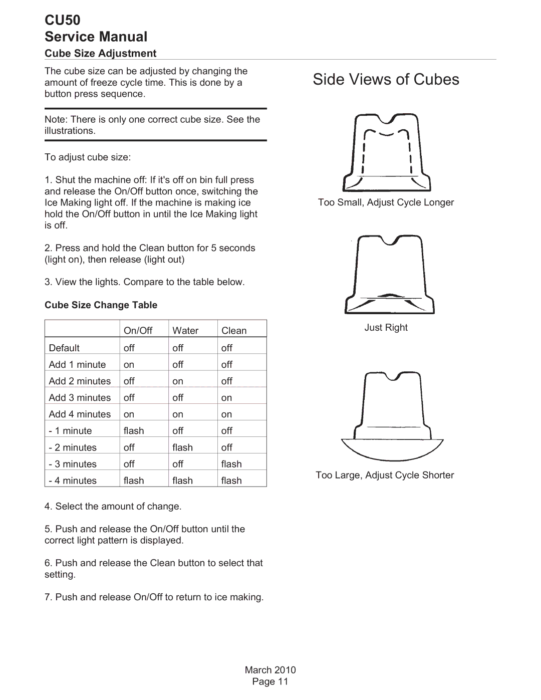 Scotsman Ice CU50 service manual Cube Size Adjustment, Cube Size Change Table 