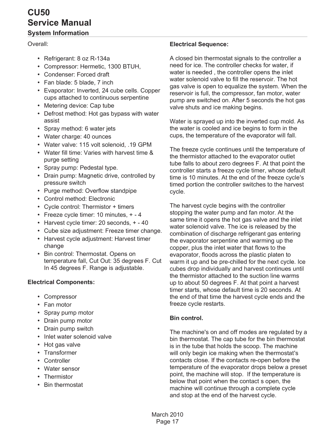 Scotsman Ice CU50 service manual System Information, Electrical Sequence, Electrical Components, Bin control 