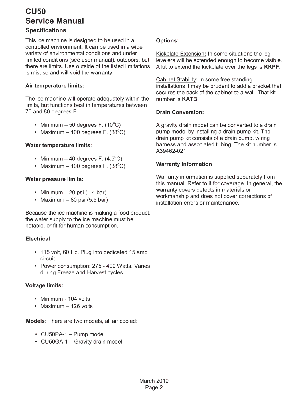 Scotsman Ice CU50 service manual Specifications 