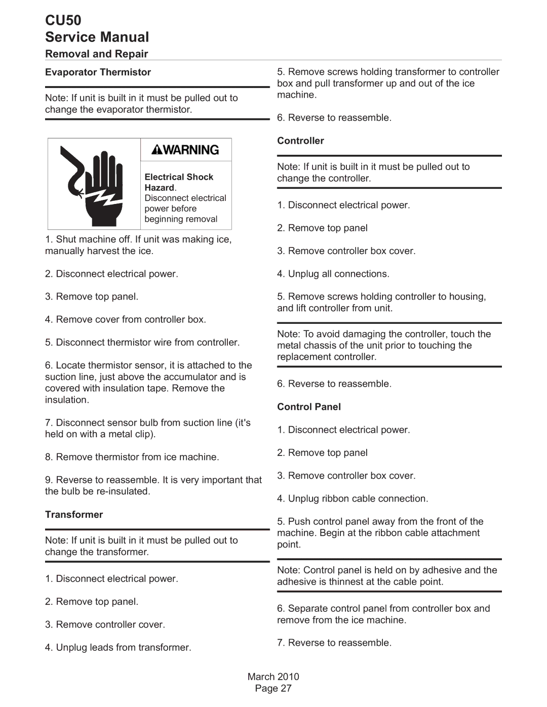 Scotsman Ice CU50 service manual Evaporator Thermistor, Controller, Control Panel, Transformer 