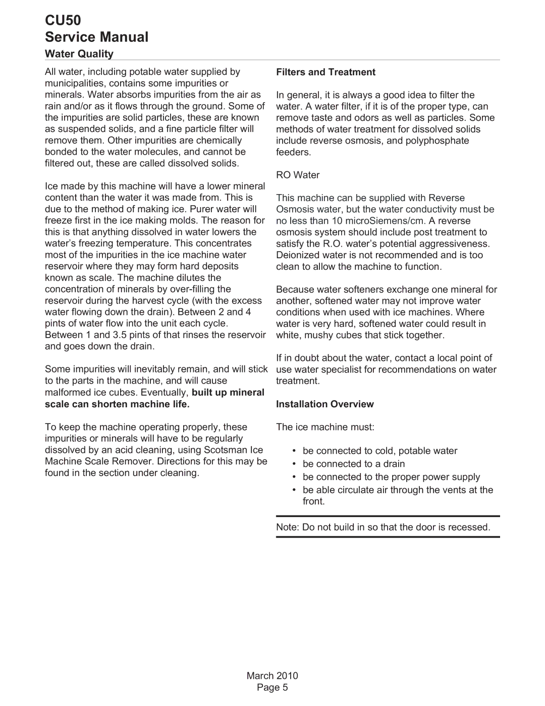 Scotsman Ice CU50 service manual Water Quality, Filters and Treatment, Installation Overview 