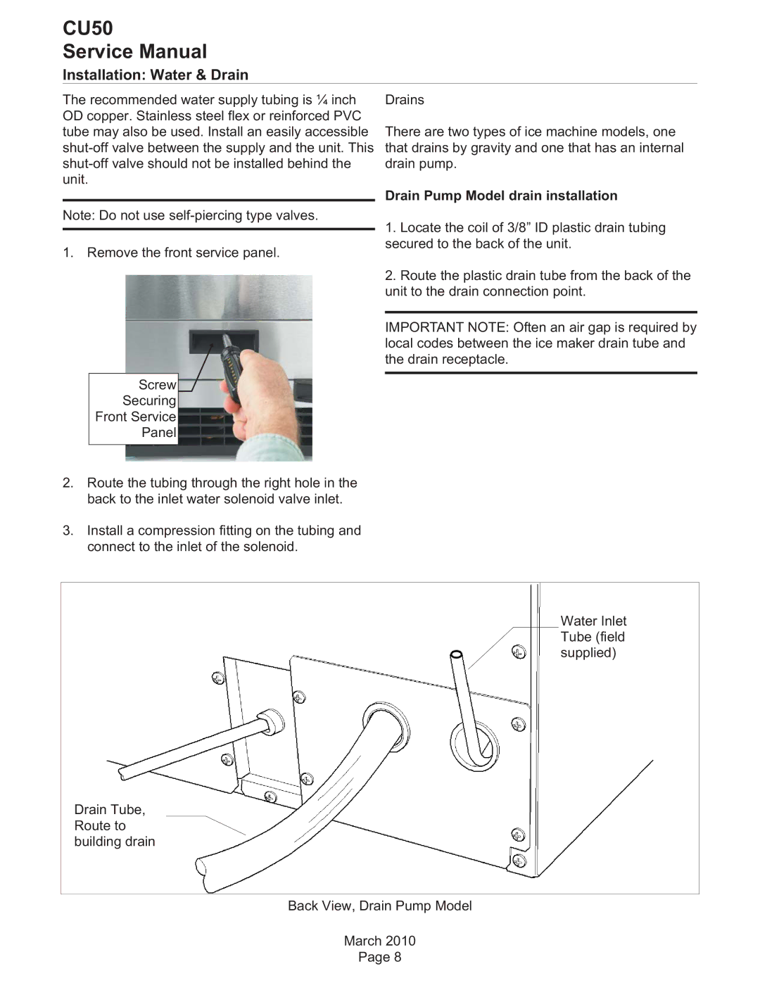 Scotsman Ice CU50 service manual Installation Water & Drain, Drain Pump Model drain installation 