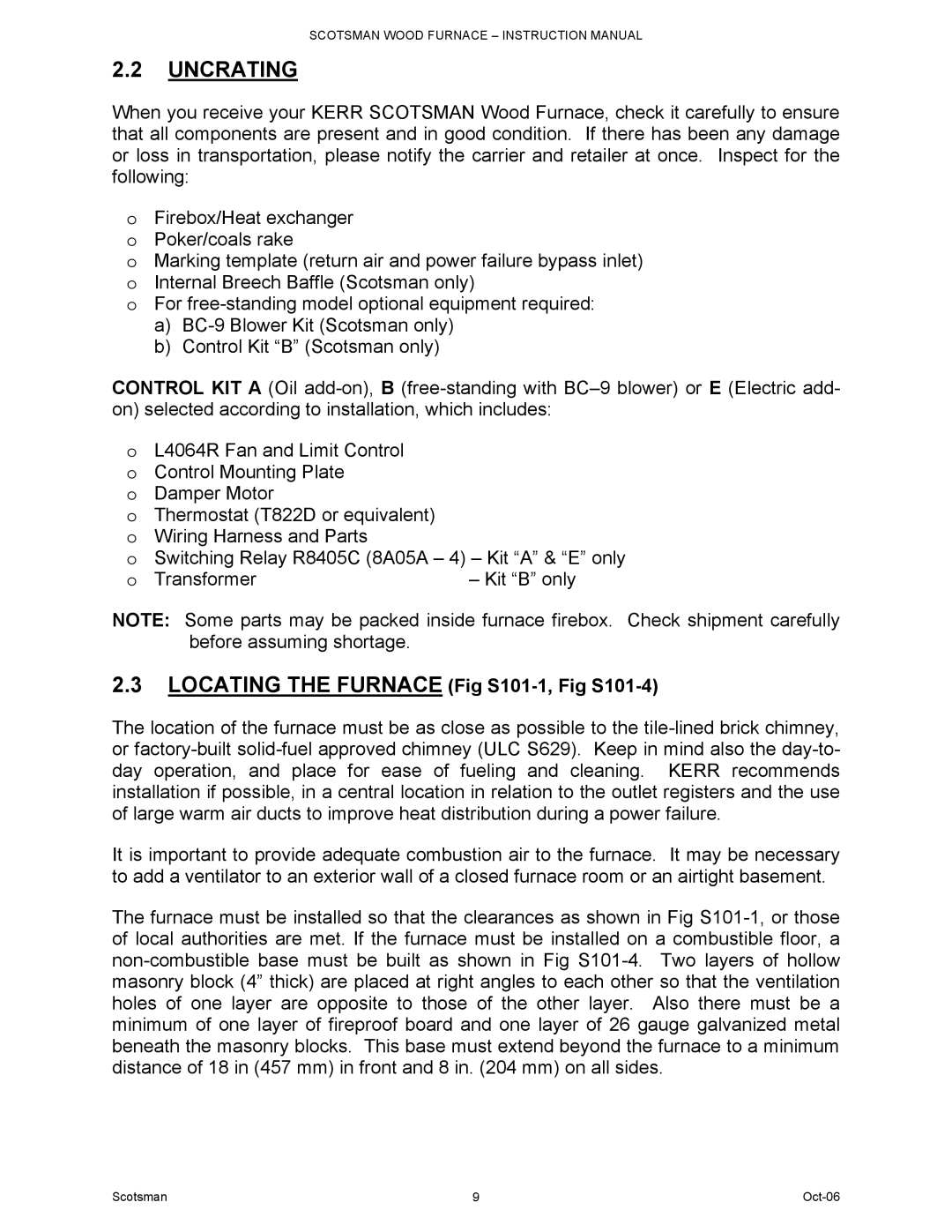 Scotsman Ice DB-101 owner manual Uncrating, Locating the Furnace Fig S101-1, Fig S101-4 