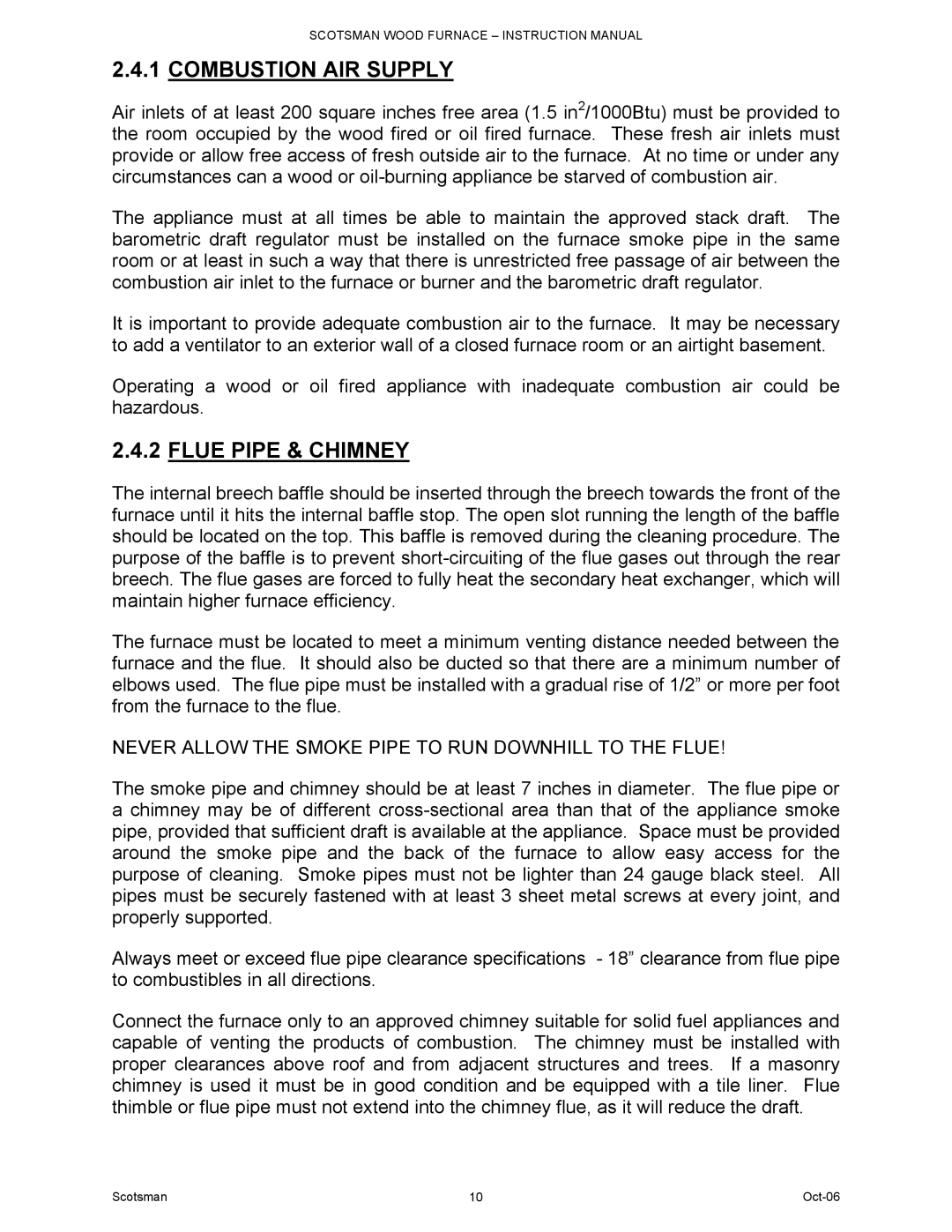 Scotsman Ice DB-101 owner manual Combustion AIR Supply, Flue Pipe & Chimney 