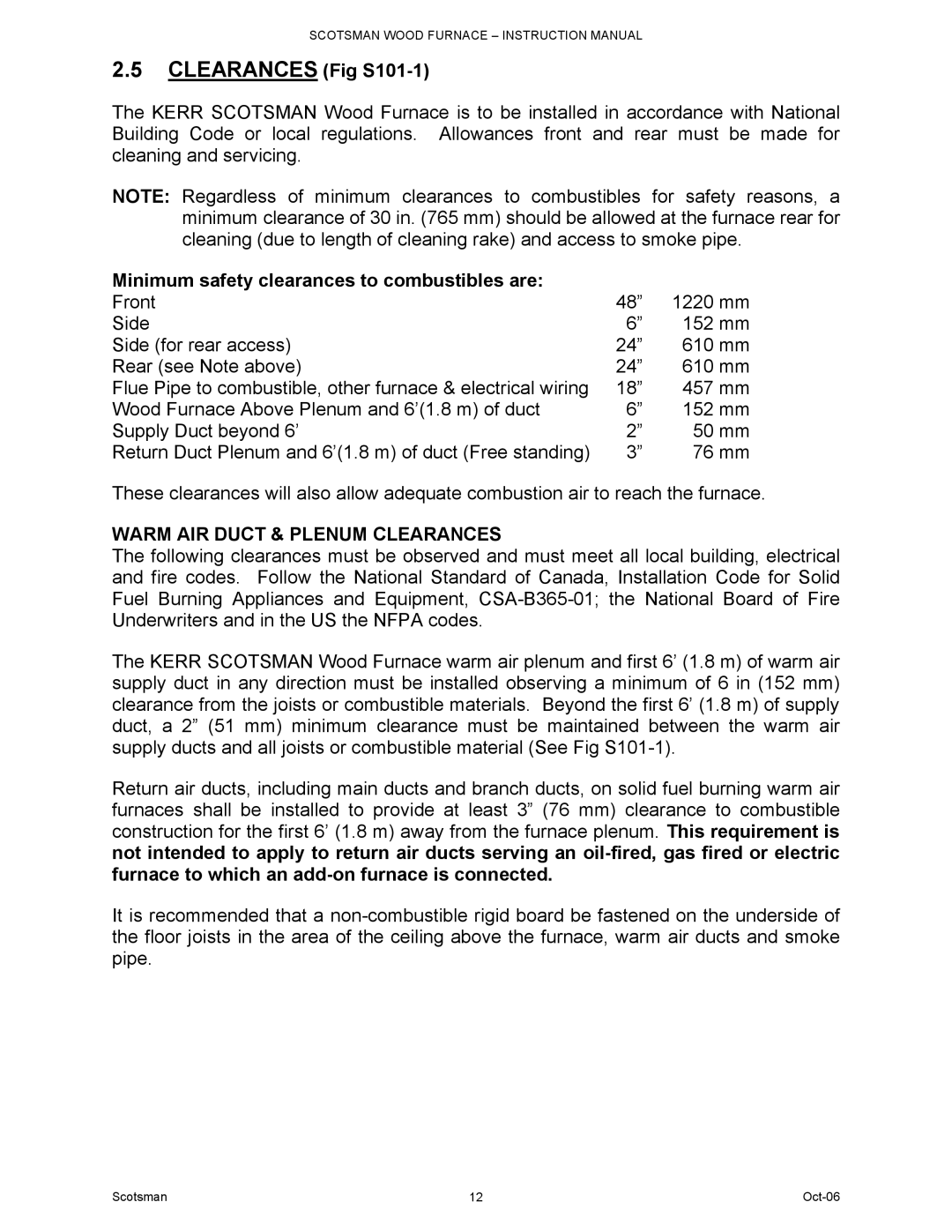 Scotsman Ice DB-101 owner manual Clearances Fig S101-1, Minimum safety clearances to combustibles are 