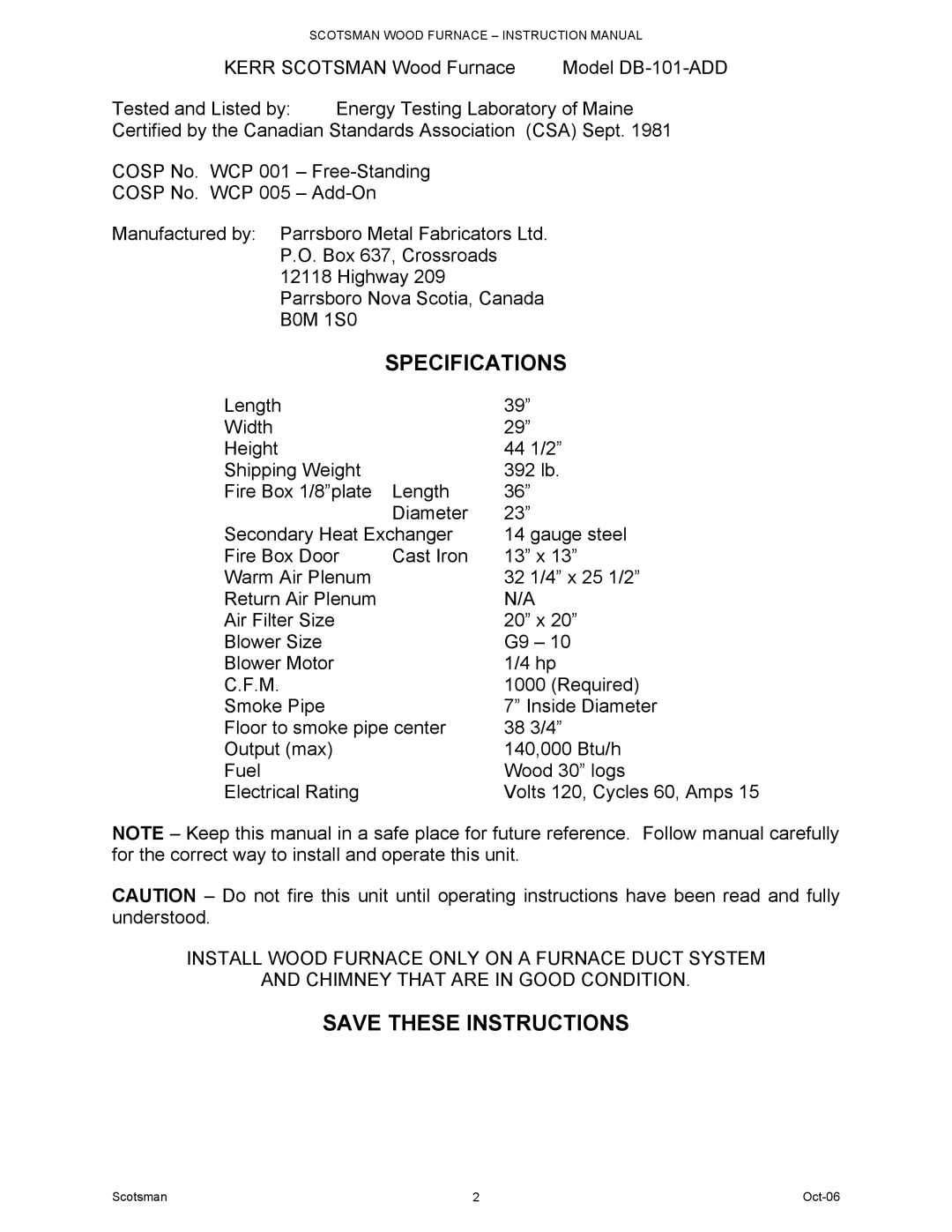 Scotsman Ice DB-101 owner manual Specifications 