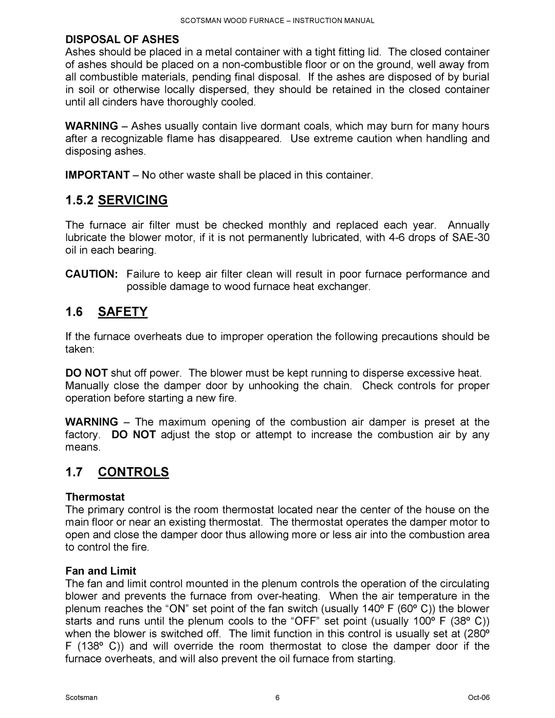 Scotsman Ice DB-101 owner manual Servicing, Safety, Controls, Disposal of Ashes 