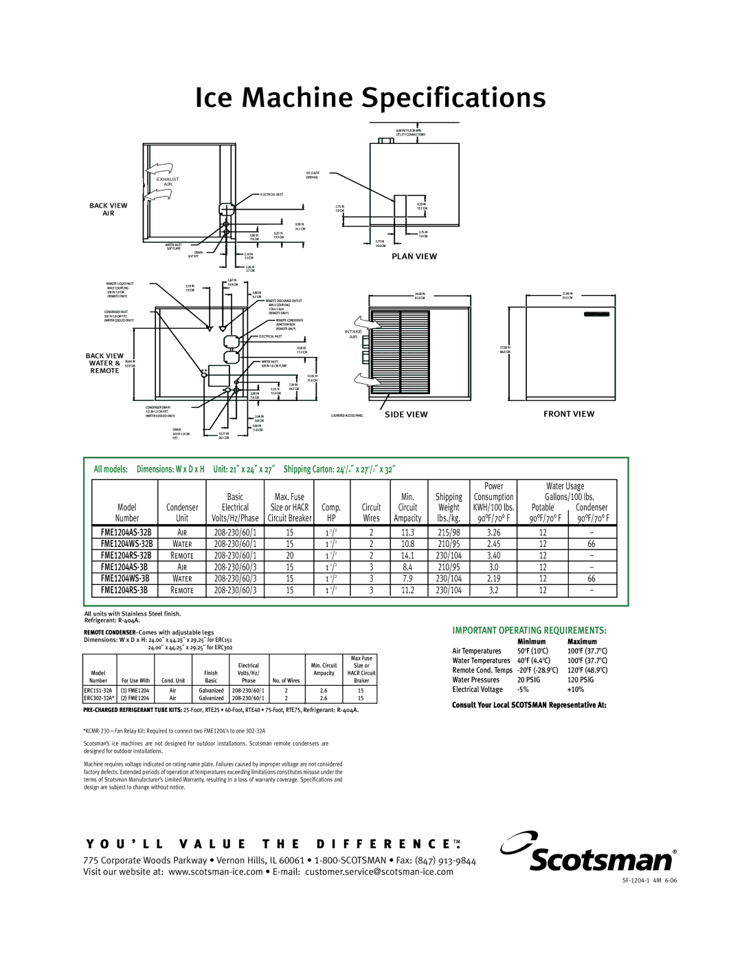 Scotsman Ice FME 1204 warranty Condenser, Air, Psig, Electrical Voltage +10% 