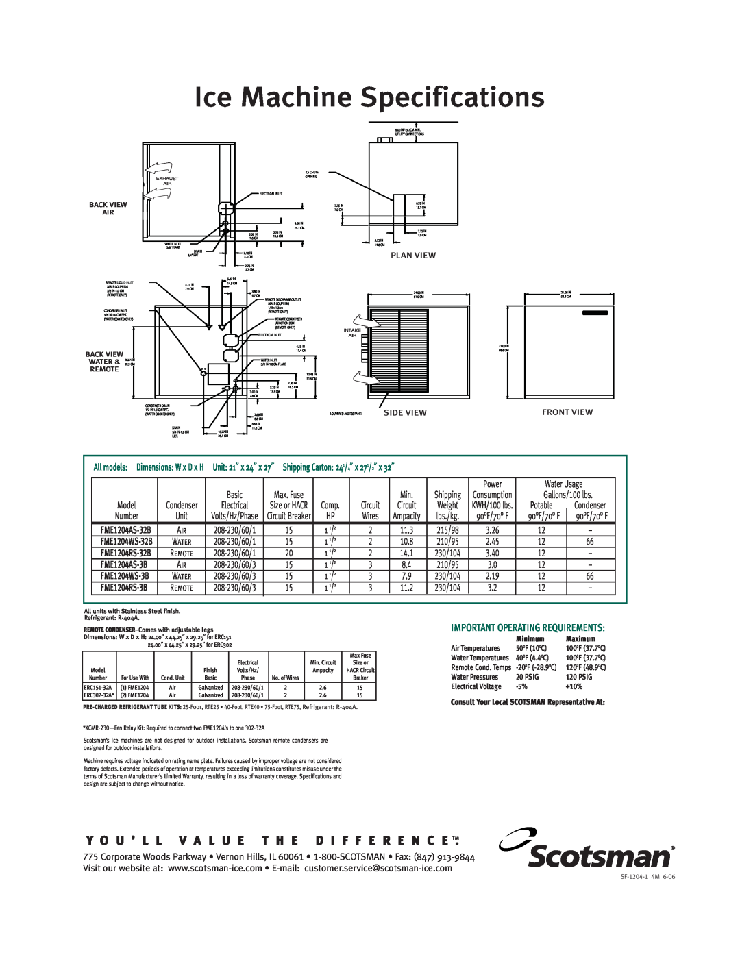 Scotsman Ice FME 1204 warranty Planview, NE654/954, FME804/1204 