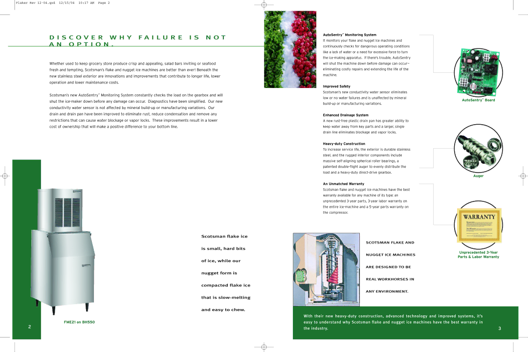 Scotsman Ice FME2404, FME1504, MFE400 warranty S C O V E R W H Y F a I L U R E I S N O T a N O P T I O N, Auger 