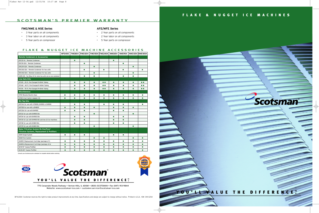 Scotsman Ice MFE400, FME1504 warranty F L A K E & N U G G E T I C E M A C H I N E S, FME/NME & NSE Series, AFE/MFE Series 