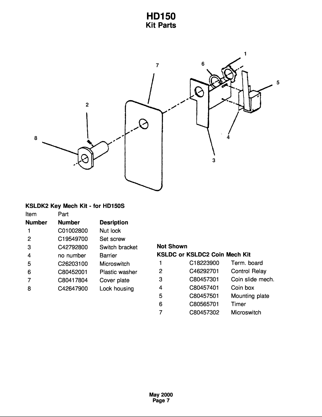 Scotsman Ice manual Kit Parts, KSLDK2 Key Mech Kit - for HD150S, Number, Desription, Not Shown 