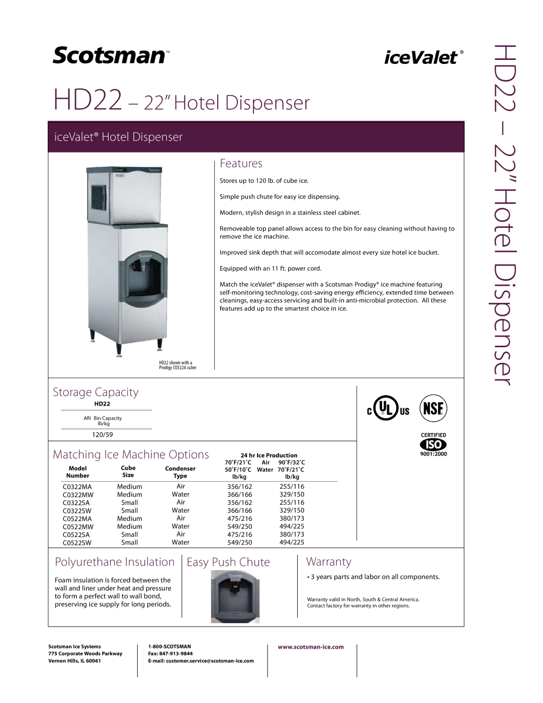 Scotsman Ice HD22 warranty Features, Storage Capacity 