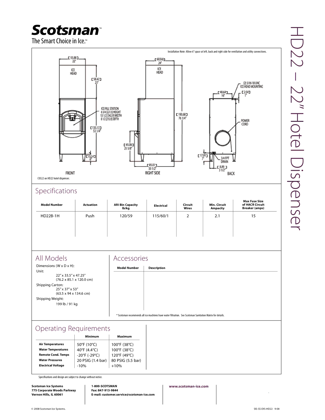 Scotsman Ice HD22 warranty Specifications, All Models, Accessories 