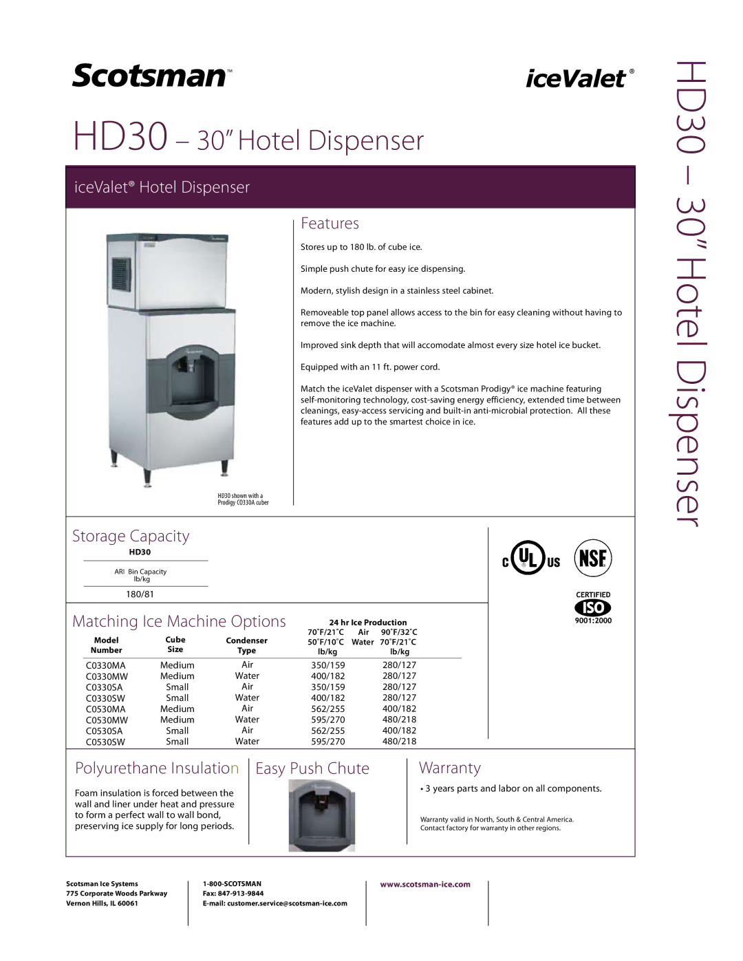 Scotsman Ice HD30 warranty Features, Storage Capacity 