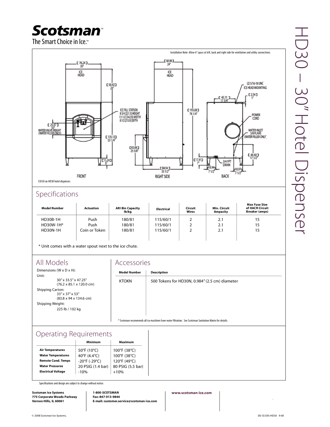 Scotsman Ice HD30 warranty Specifications, All Models, Accessories 