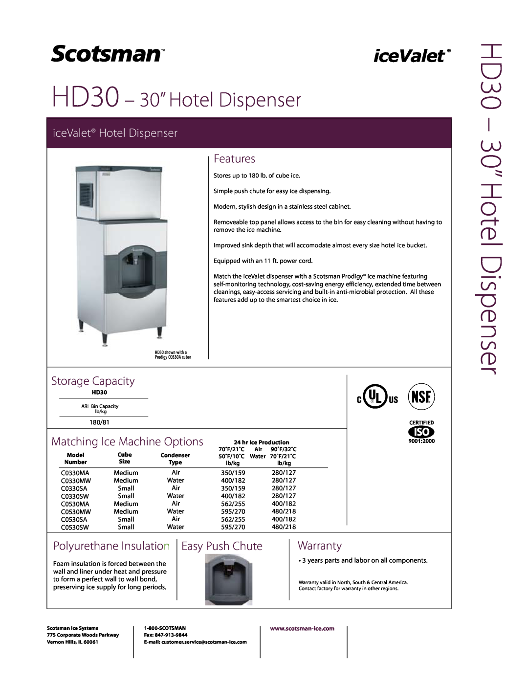 Scotsman Ice warranty Features, Storage Capacity, HD30 - 30” Hotel Dispenser, iceValet Hotel Dispenser, Warranty 