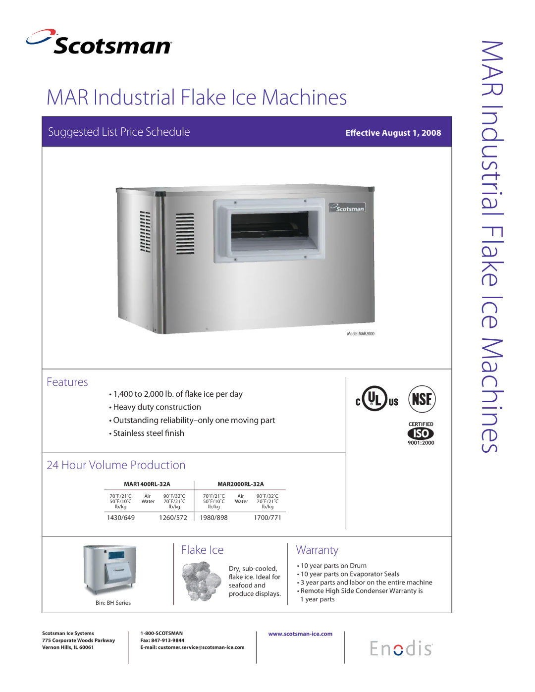 Scotsman Ice MAR1400, MAR2000 warranty Features, Hour Volume Production, Flake Ice, Warranty 