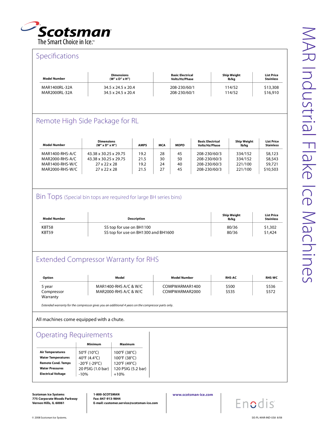 Scotsman Ice MAR2000, MAR1400 warranty Specications, Operating Requirements 