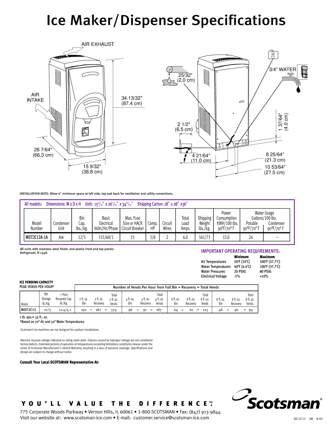 Scotsman Ice MDT2C12 warranty 25/32 2.0 cm, INTAKE34.13/32 87.4 cm 26 7/64, 21/64, 15 9/32 38.8 cm, Potable, Lbs./kg 