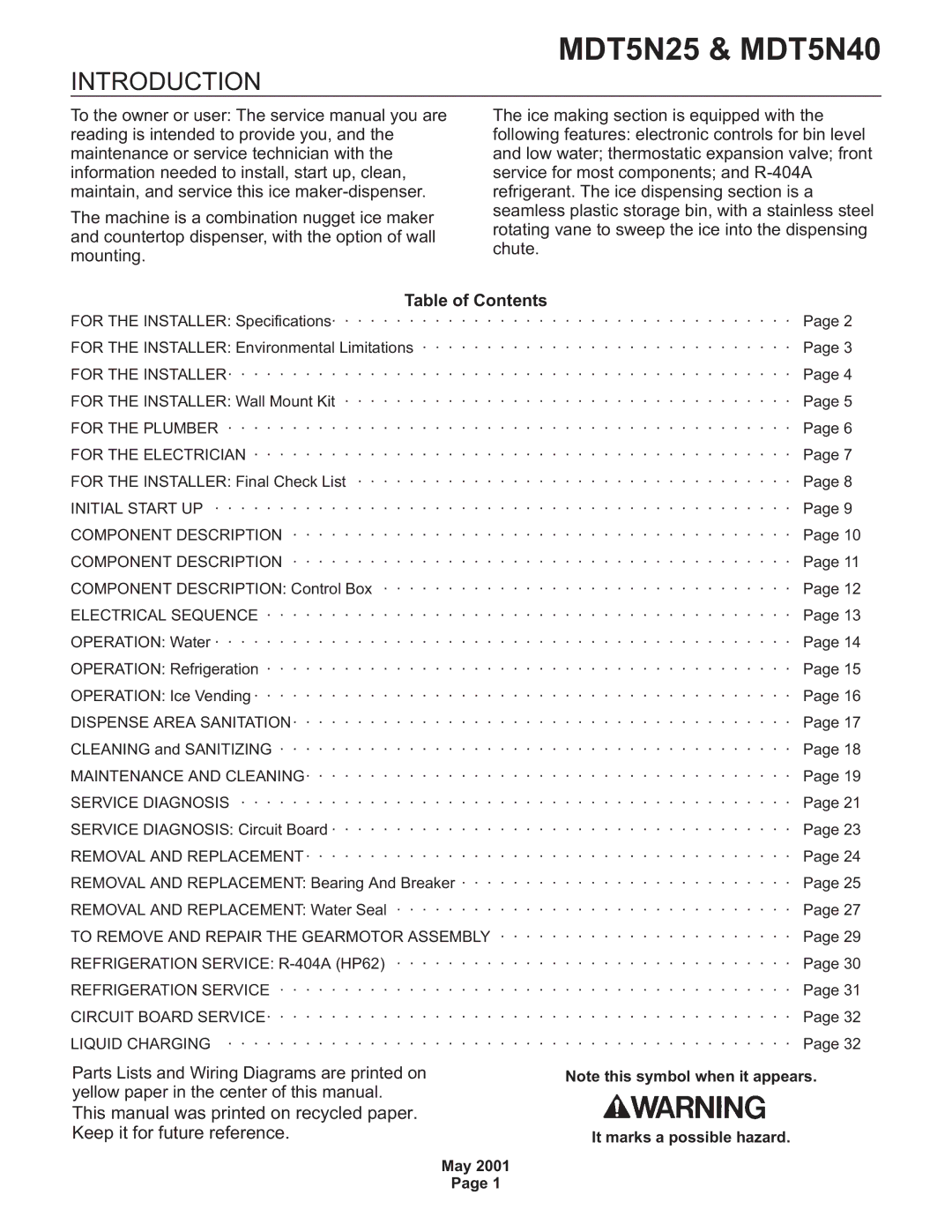 Scotsman Ice MDT5N40, MDT5N25 service manual Introduction, Table of Contents 