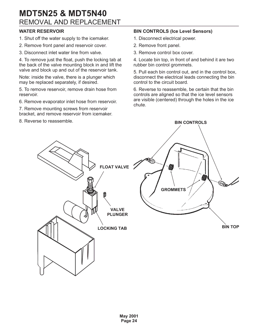 Scotsman Ice MDT5N25, MDT5N40 service manual Removal and Replacement, BIN Controls Ice Level Sensors 