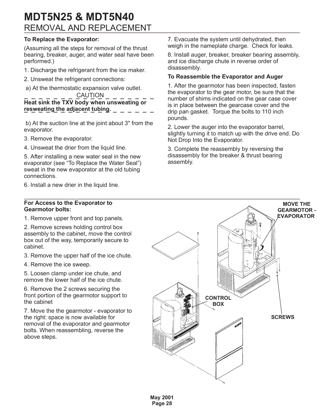 Scotsman Ice MDT5N25, MDT5N40 service manual To Replace the Evaporator, To Reassemble the Evaporator and Auger 