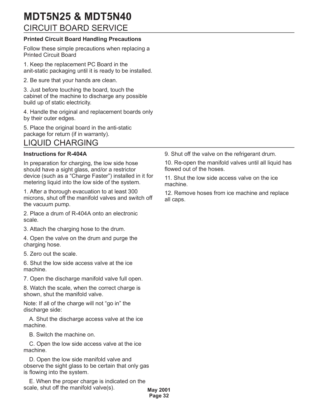 Scotsman Ice MDT5N25, MDT5N40 Circuit Board Service, Liquid Charging, Printed Circuit Board Handling Precautions 