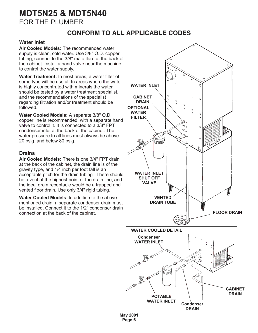 Scotsman Ice MDT5N25, MDT5N40 service manual For the Plumber, Conform to ALL Applicable Codes 