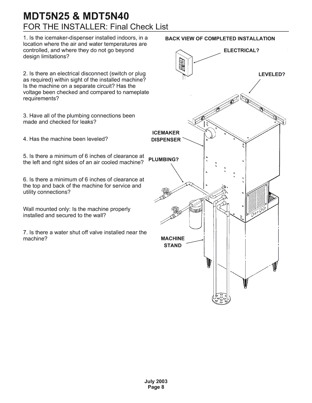 Scotsman Ice MDT5N25, MDT5N40 service manual For the Installer Final Check List 