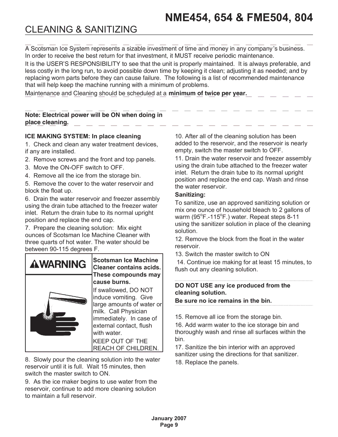 Scotsman Ice NME454, NME654, FME804, FME504 user manual Cleaning & Sanitizing, ICE Making System In place cleaning 