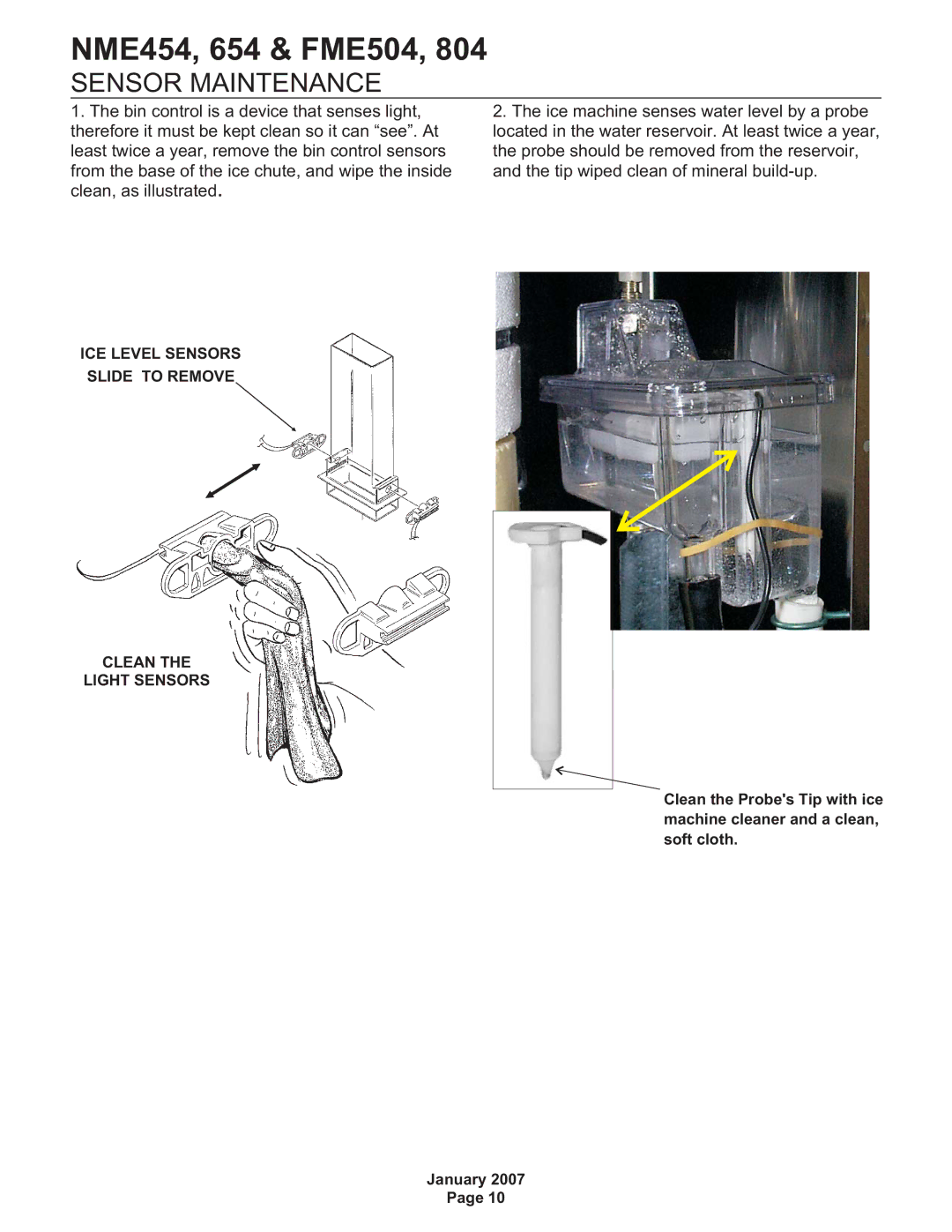 Scotsman Ice NME654, NME454, FME804, FME504, Flake and Nugget Ice Machine user manual Sensor Maintenance 