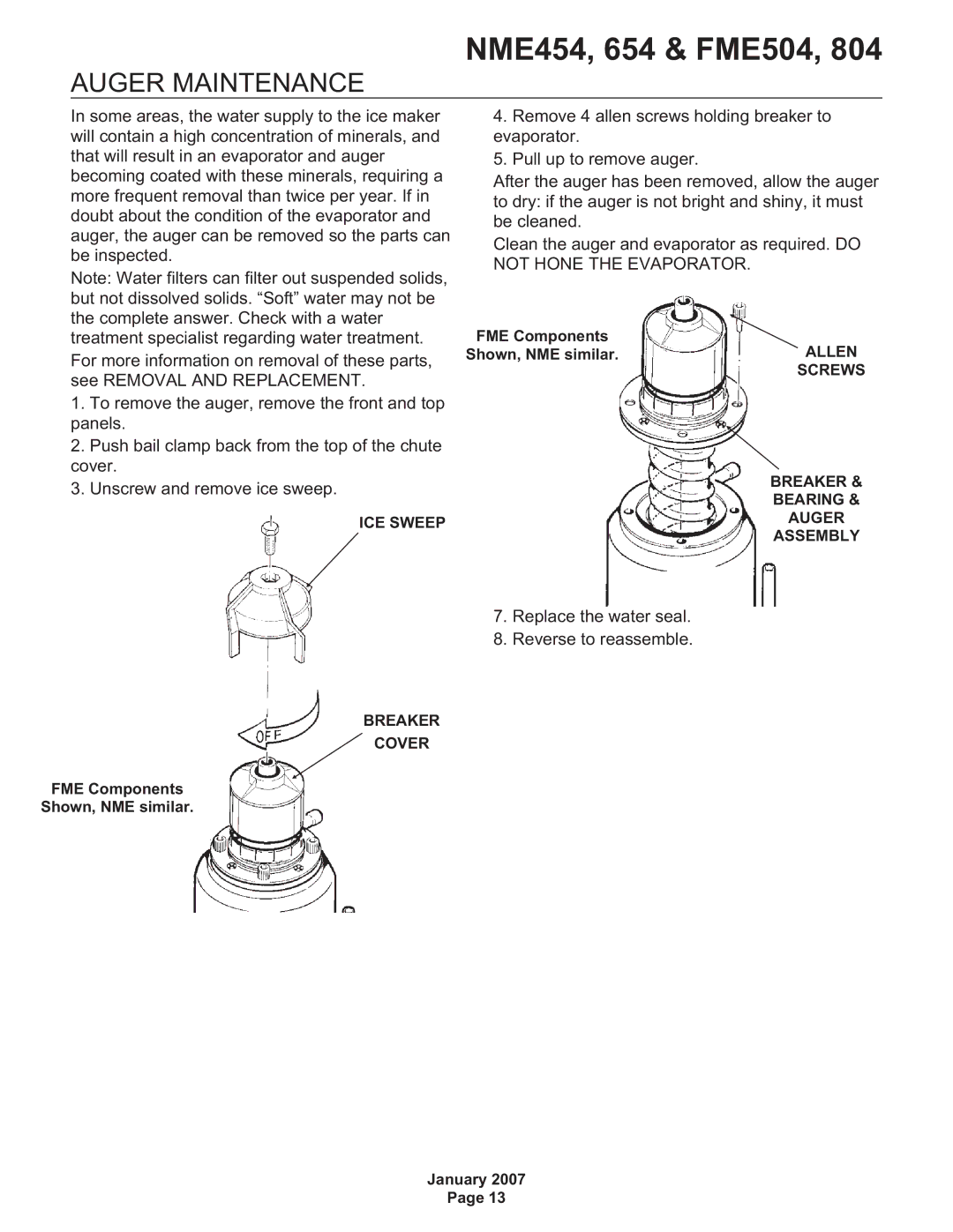 Scotsman Ice Flake and Nugget Ice Machine, NME454, NME654, FME804, FME504 user manual Auger Maintenance 