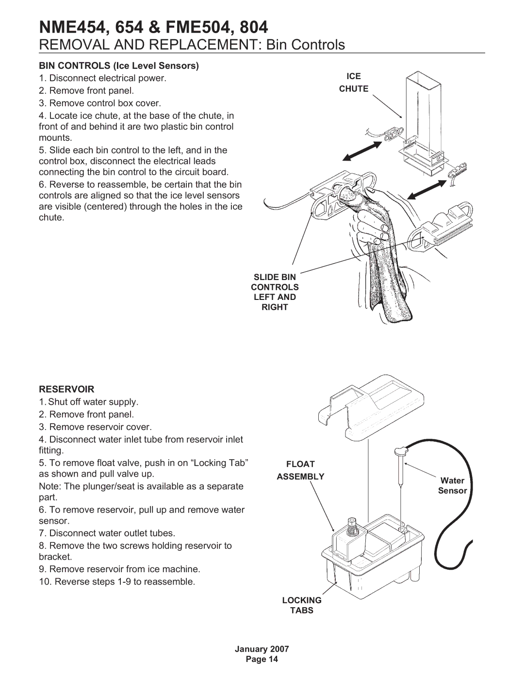 Scotsman Ice NME454, NME654, FME804, FME504 user manual Removal and Replacement Bin Controls, BIN Controls Ice Level Sensors 