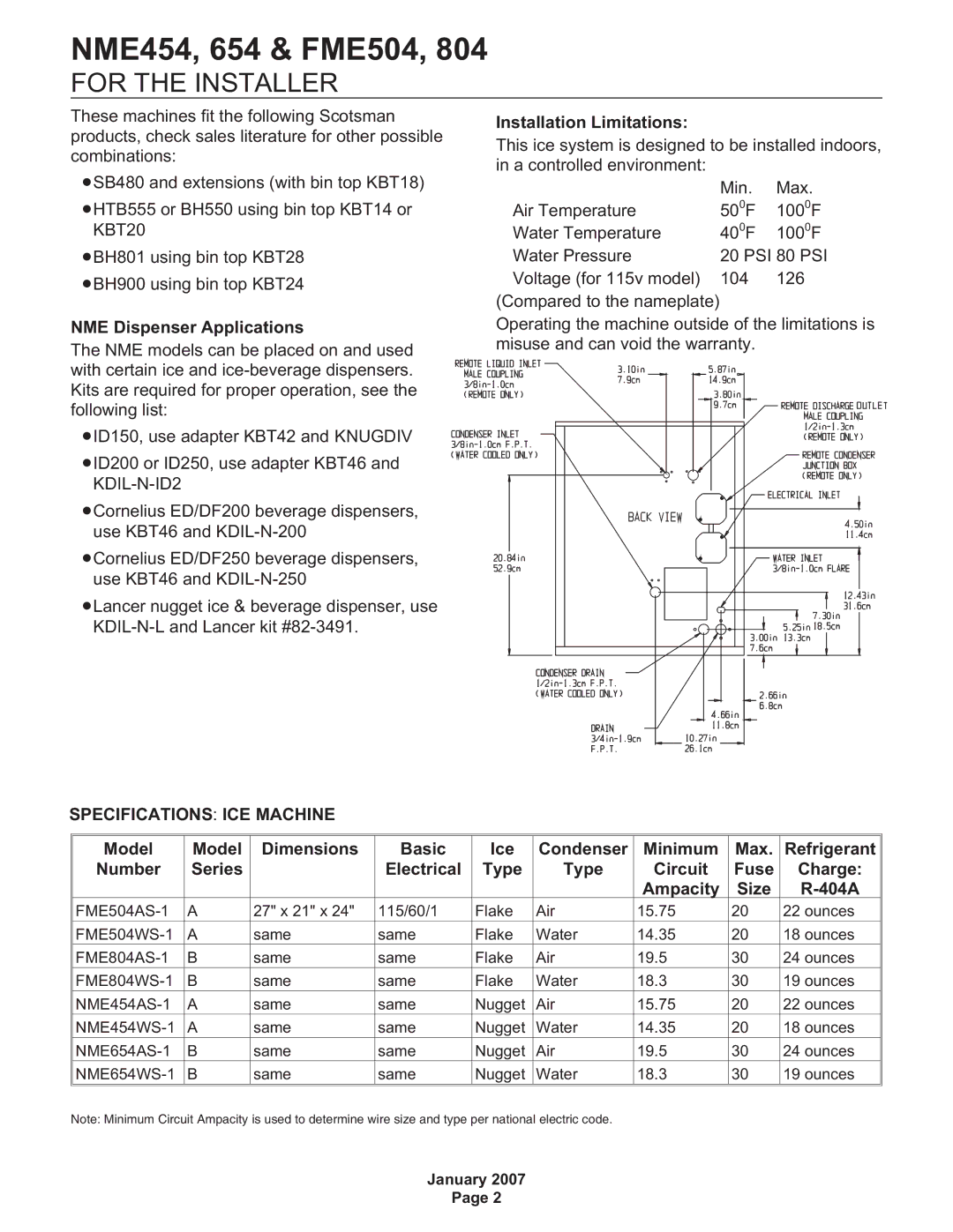 Scotsman Ice FME504, NME454, NME654, FME804 For the Installer, Installation Limitations, NME Dispenser Applications 