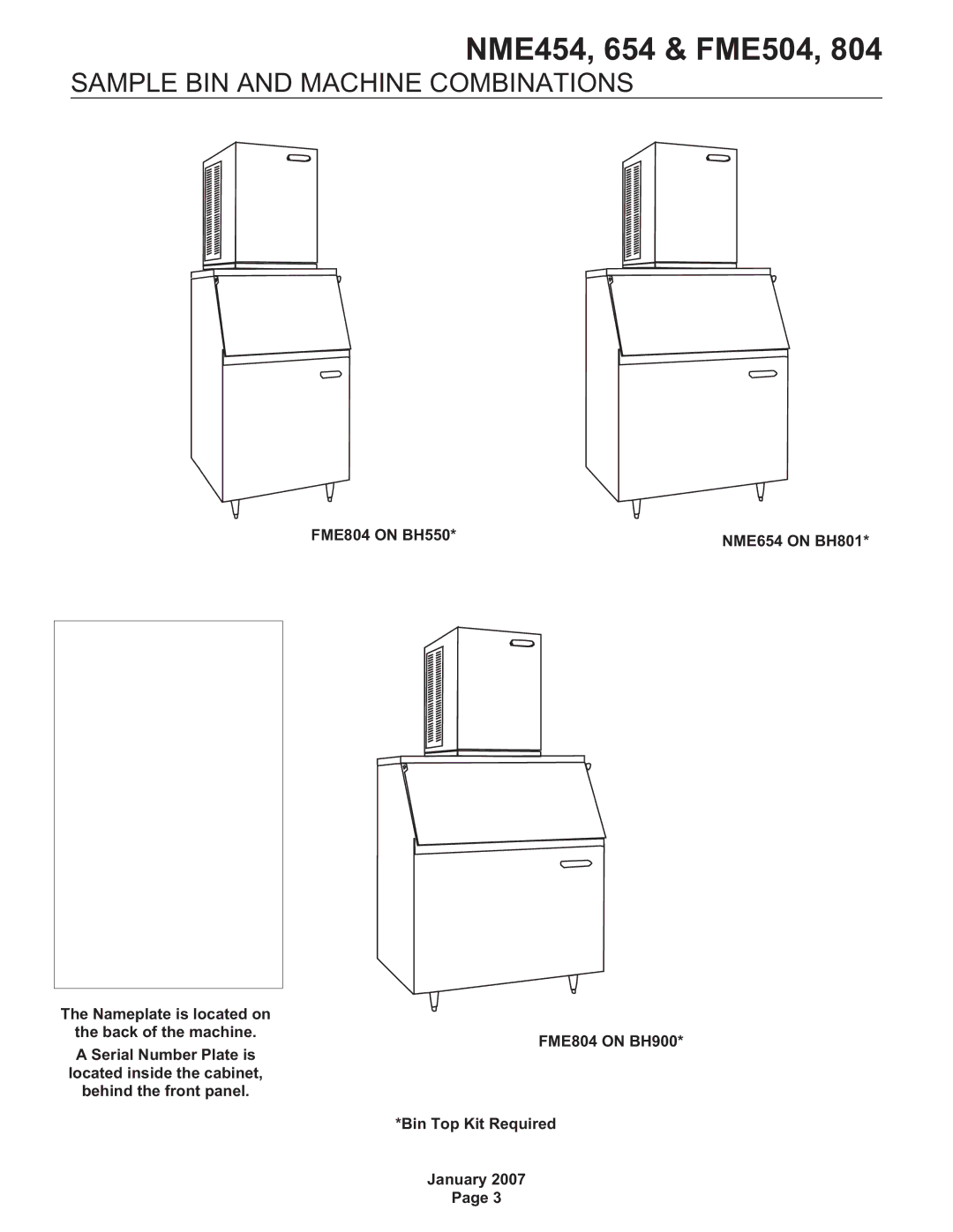 Scotsman Ice Flake and Nugget Ice Machine, NME454, NME654, FME804, FME504 user manual Sample BIN and Machine Combinations 