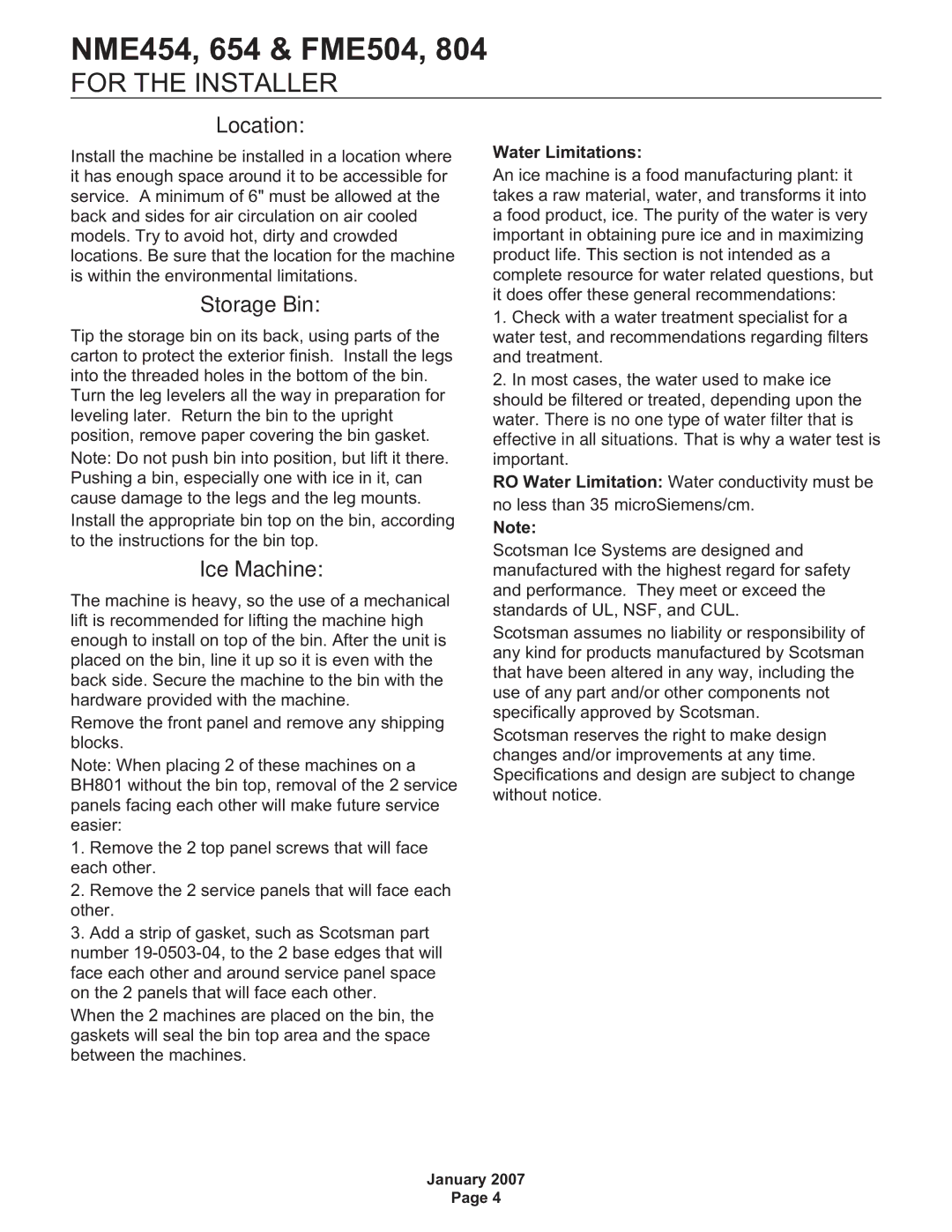 Scotsman Ice NME454, NME654, FME804, FME504, Flake and Nugget Ice Machine user manual Location, Water Limitations 