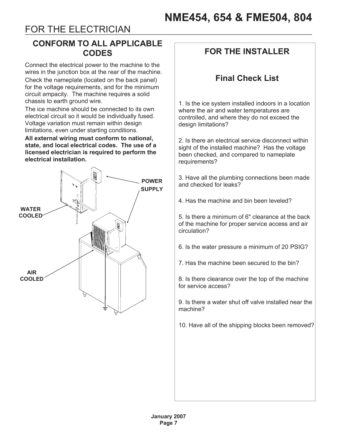 Scotsman Ice FME504, NME454, NME654, FME804, Flake and Nugget Ice Machine user manual For the Electrician, For the Installer 