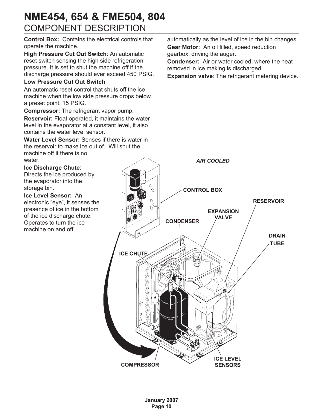 Scotsman Ice FME804, NME454, NME654, FME504 manual Component Description, Low Pressure Cut Out Switch 