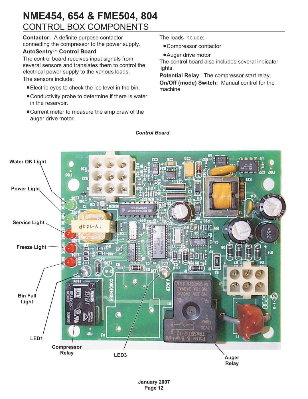 Scotsman Ice NME454, NME654, FME804 Control BOX Components, AutoSentry Control Board, On/Off mode Switch Manual control for 