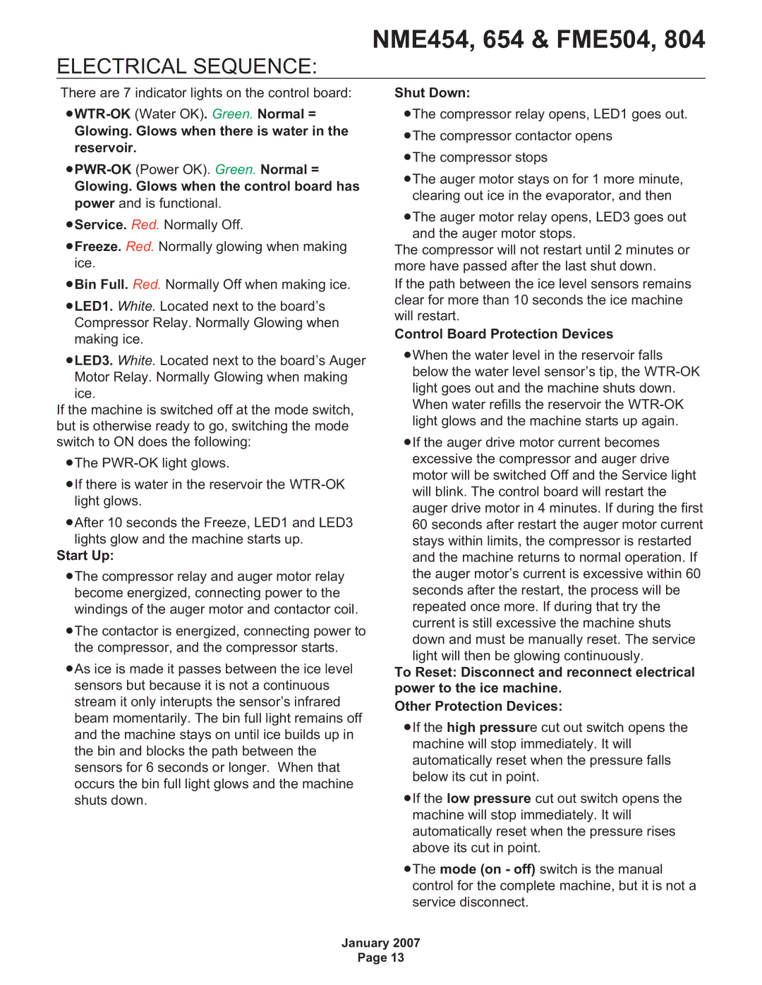 Scotsman Ice NME654, NME454, FME804, FME504 manual Electrical Sequence, Start Up, Shut Down, Control Board Protection Devices 